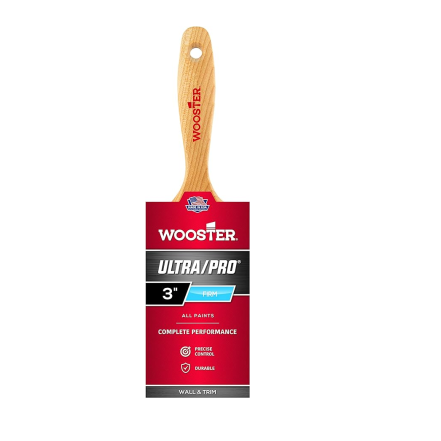 The WOOSTER 3 in. Ultra/Pro Firm Varnish Nylon/Polyester Paint Brush features a wooden handle in red packaging labeled WOOSTER ULTRA/PRO 3-inch. It offers complete performance for all paints, with a durable design ideal for walls and trim.